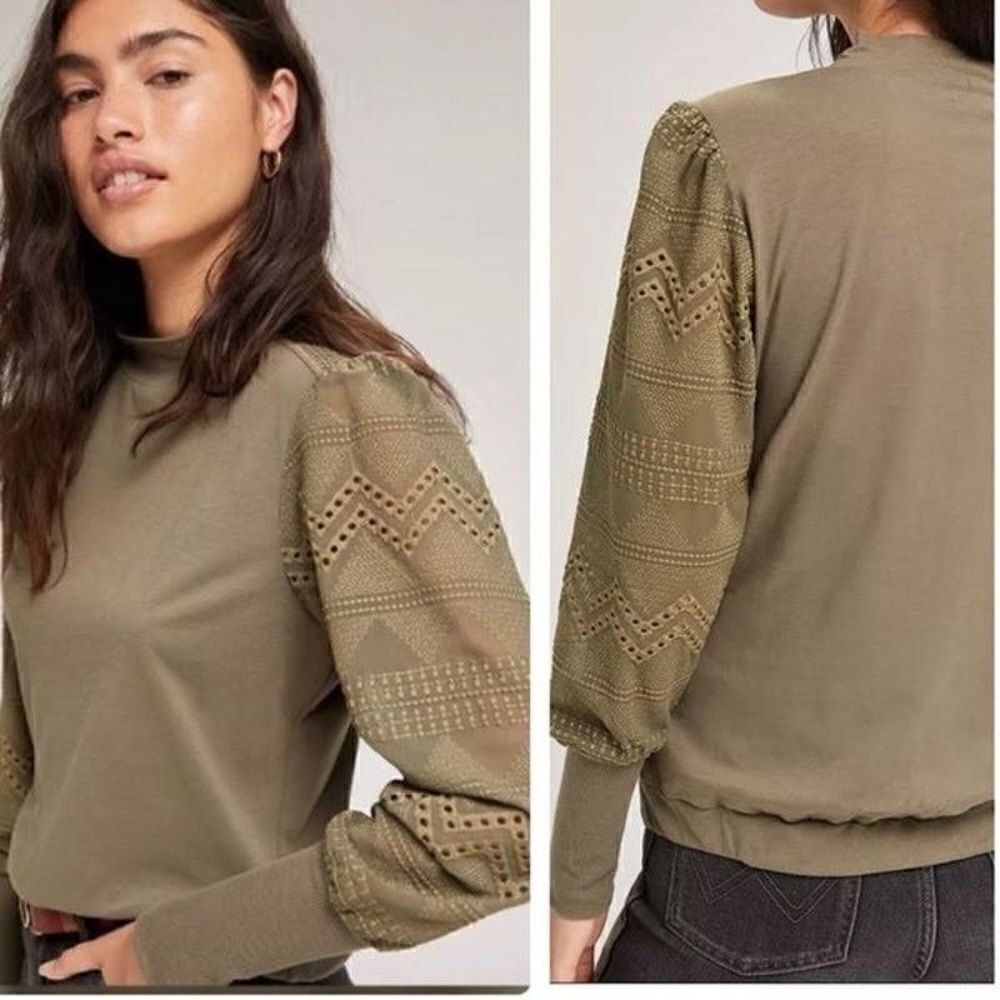 Anthropologie Helen Embroidered Sleeve Top